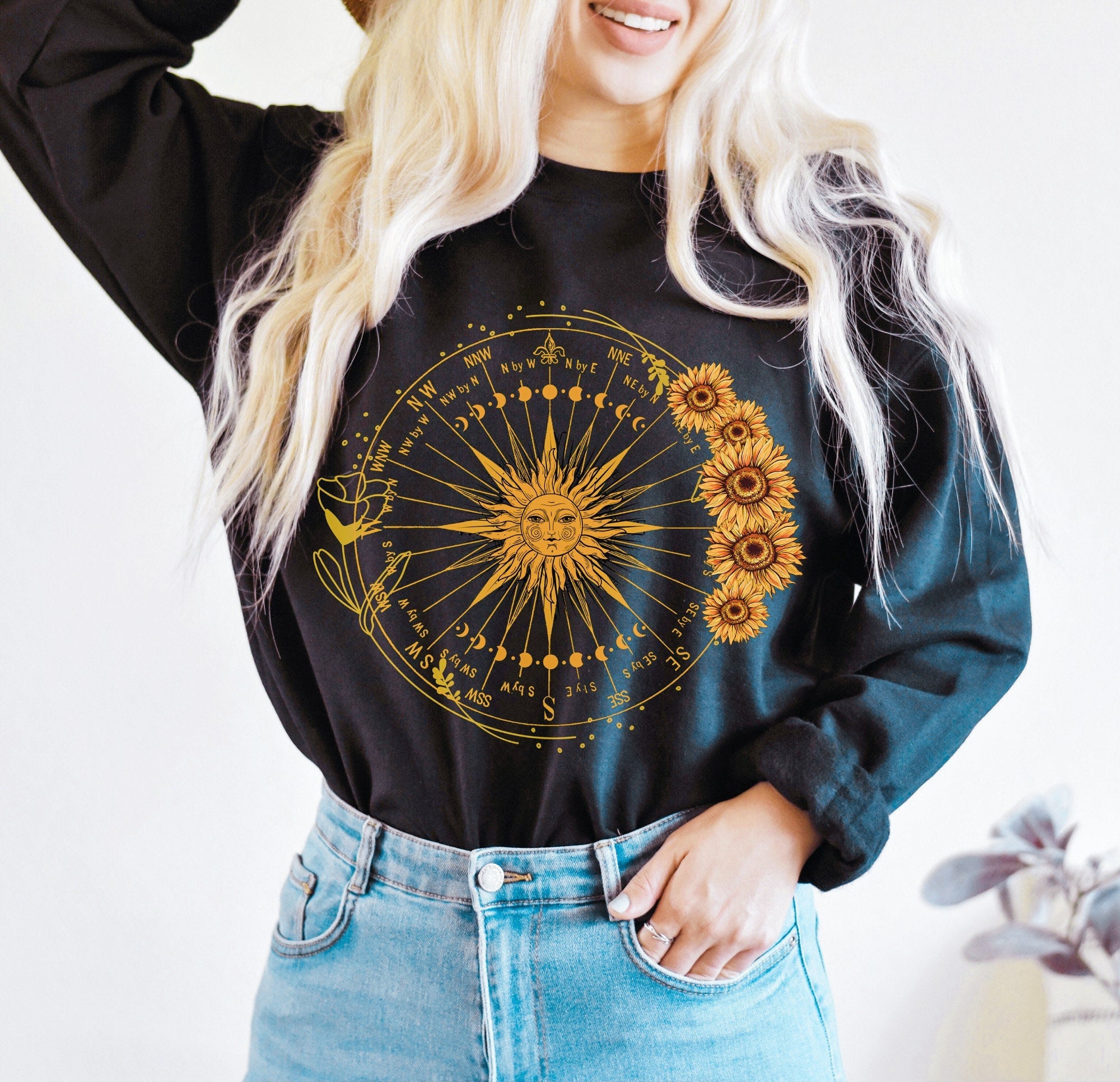Celestial Sun Witchy Moon Phase Sunflower Hippie Unsiex T-Shirt Celestial Sun Witchy Moon Phase Sunflower Hippie Unsiex T-Shirt