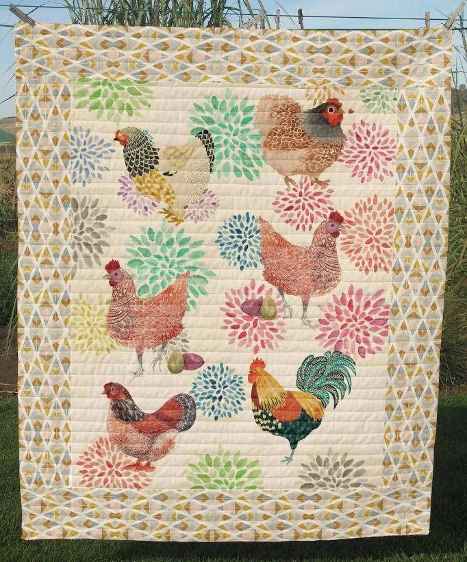 Chicken On Floral Yard Quilt Blanket Chicken On Floral Yard Quilt Blanket