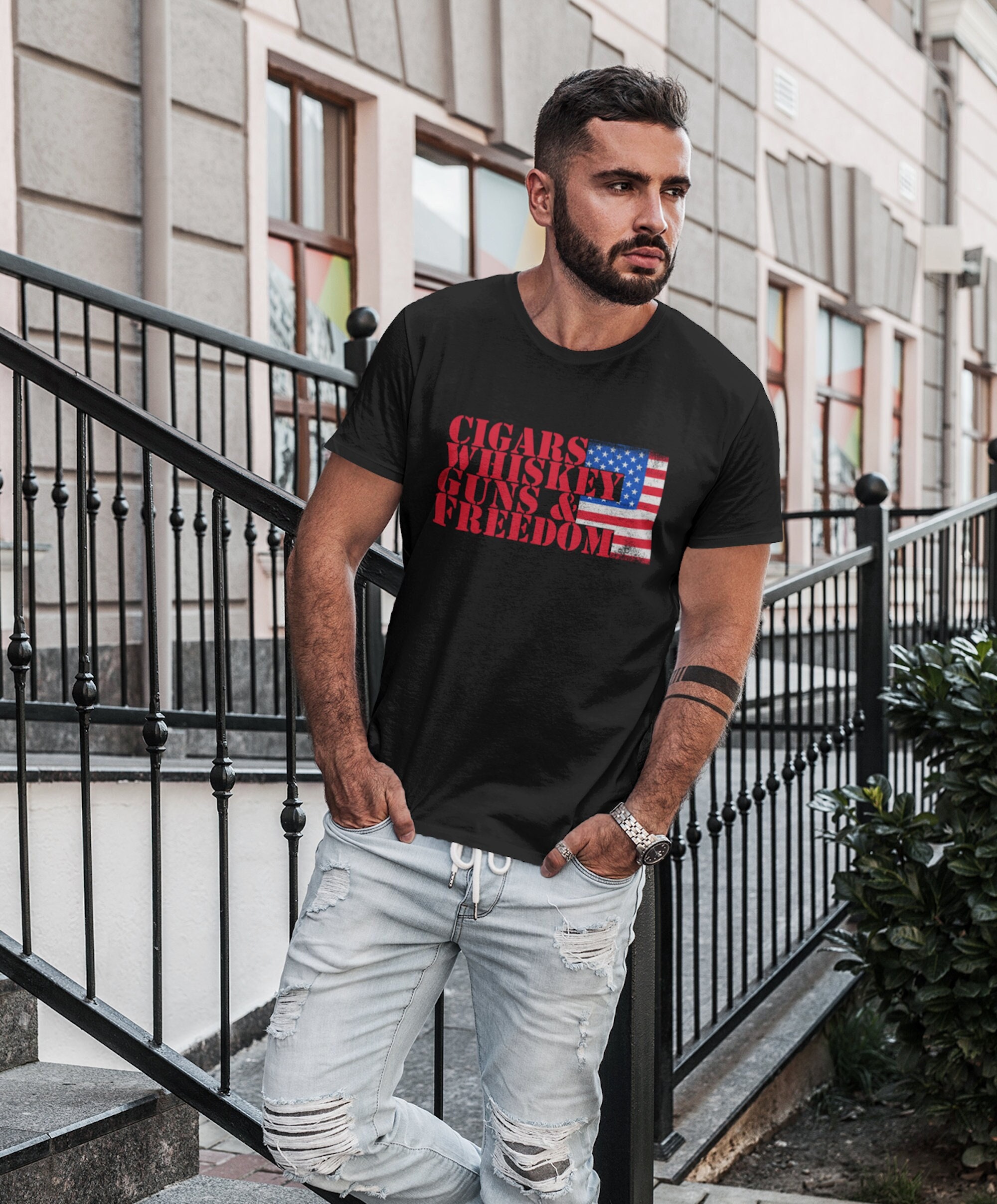 Cigars Whisky Guns & Freedom American Flag Unisex T-Shirt Cigars Whisky Guns & Freedom American Flag Unisex T-Shirt