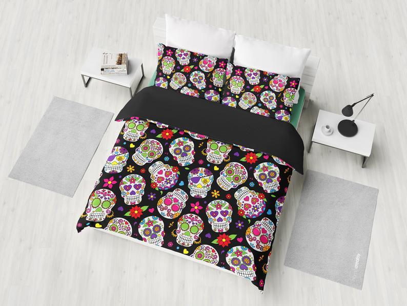 Colorful Sugar Skulls Black Bedding Set Colorful Sugar Skulls Black Bedding Set