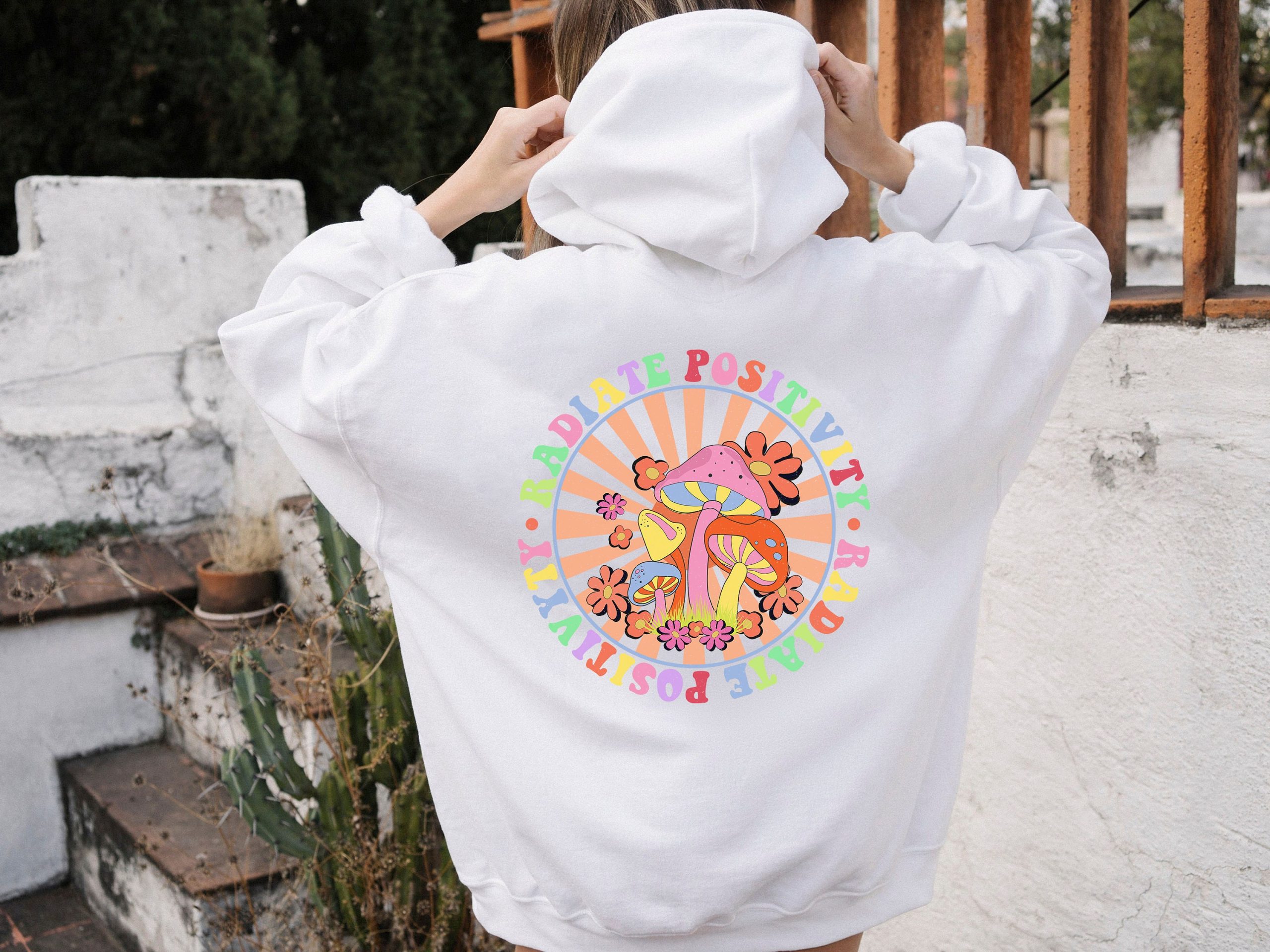 Radiate Positivity Mushroom Hippie Unisex Hoodie Radiate Positivity Mushroom Hippie Unisex Hoodie