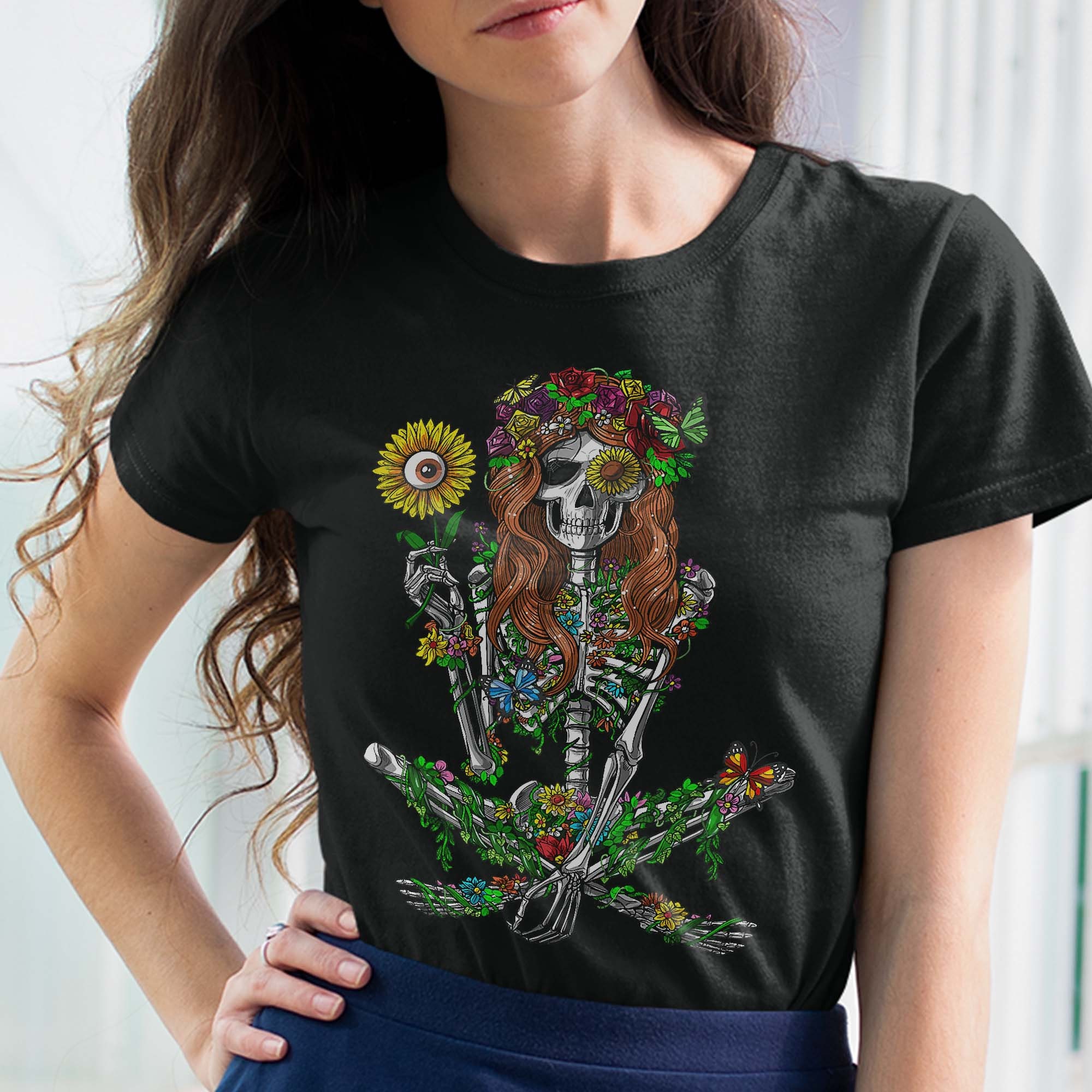 Skeleton Hippie Psychedelic Sunflower Nature Floral Women T-Shirt Skeleton Hippie Psychedelic Sunflower Nature Floral Women T-Shirt