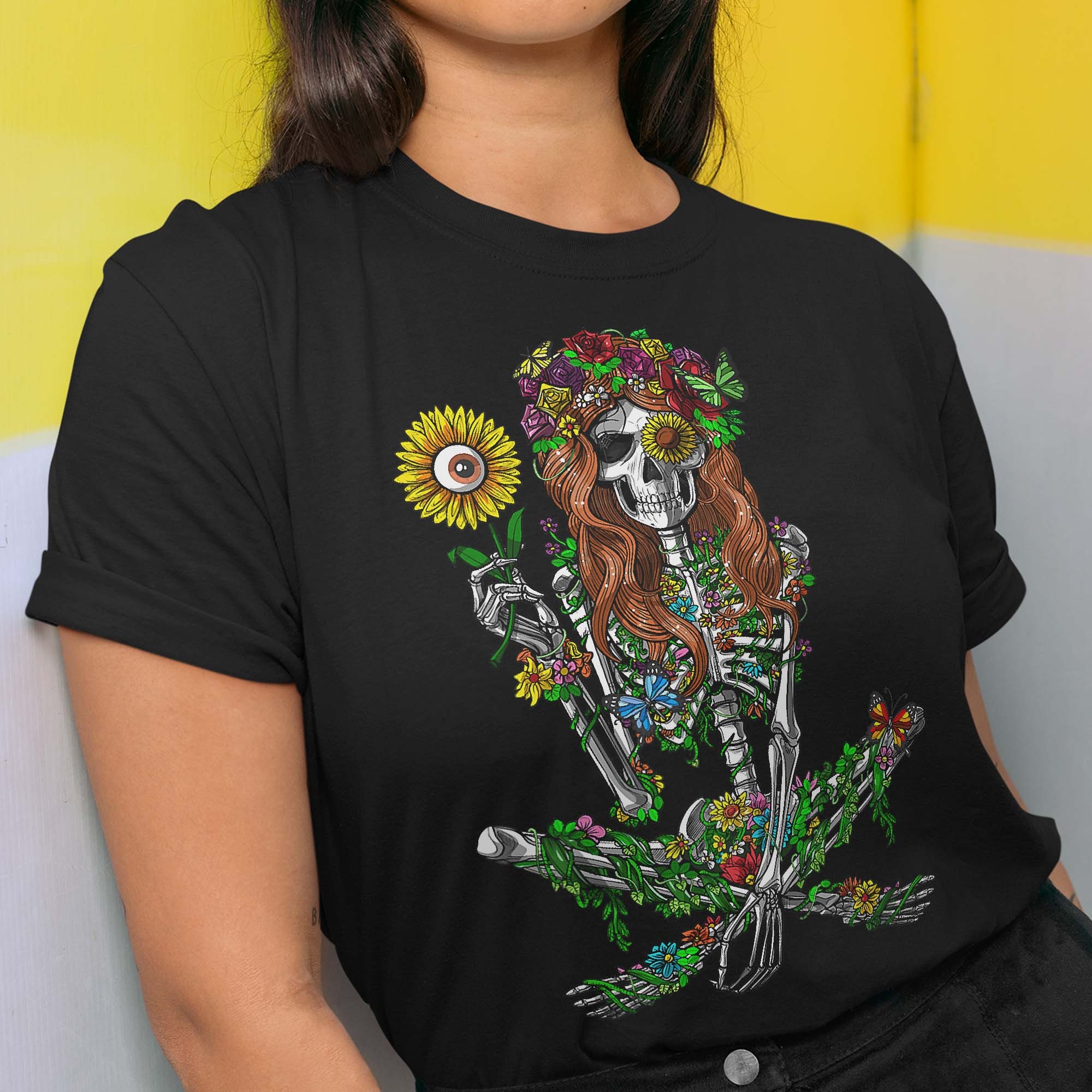 Skeleton Hippie Psychedelic Sunflower Nature Floral Women T-Shirt Skeleton Hippie Psychedelic Sunflower Nature Floral Women T-Shirt