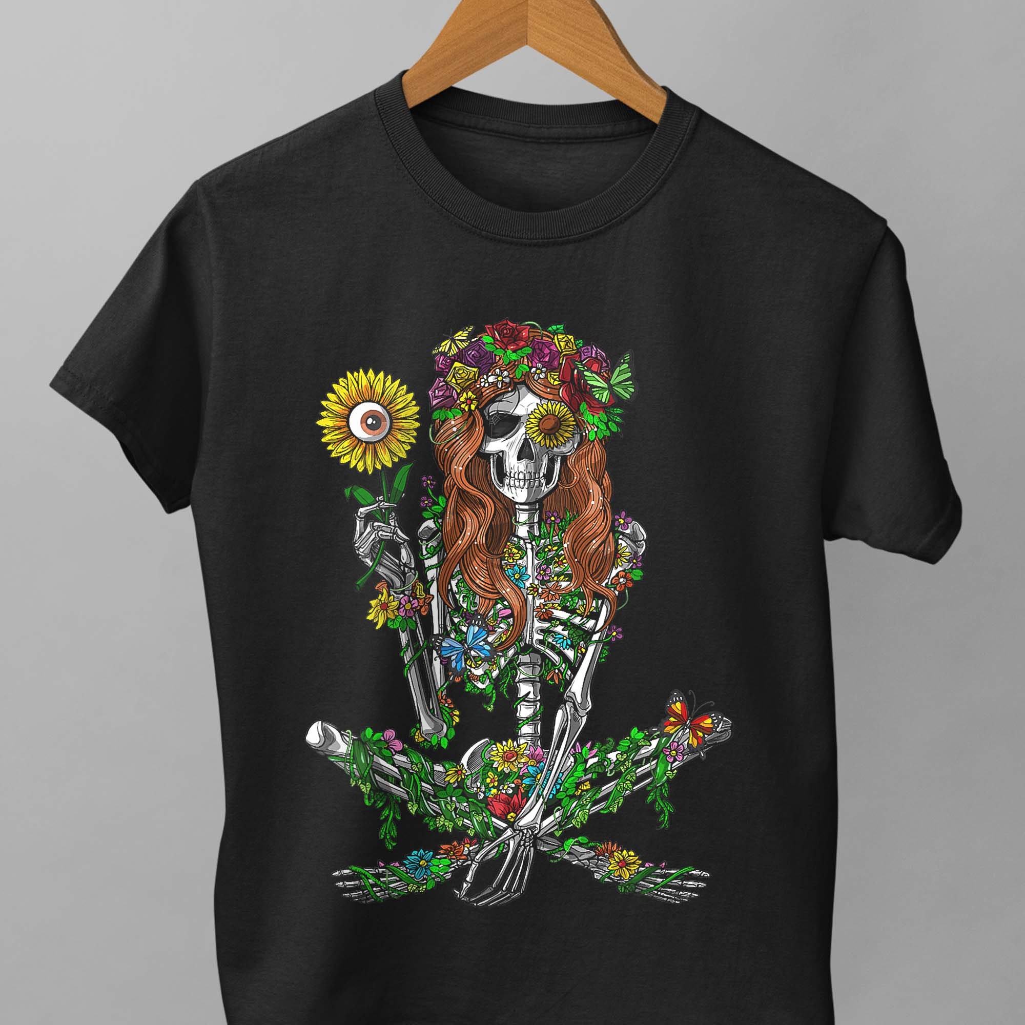 Skeleton Hippie Psychedelic Sunflower Nature Floral Women T-Shirt Skeleton Hippie Psychedelic Sunflower Nature Floral Women T-Shirt