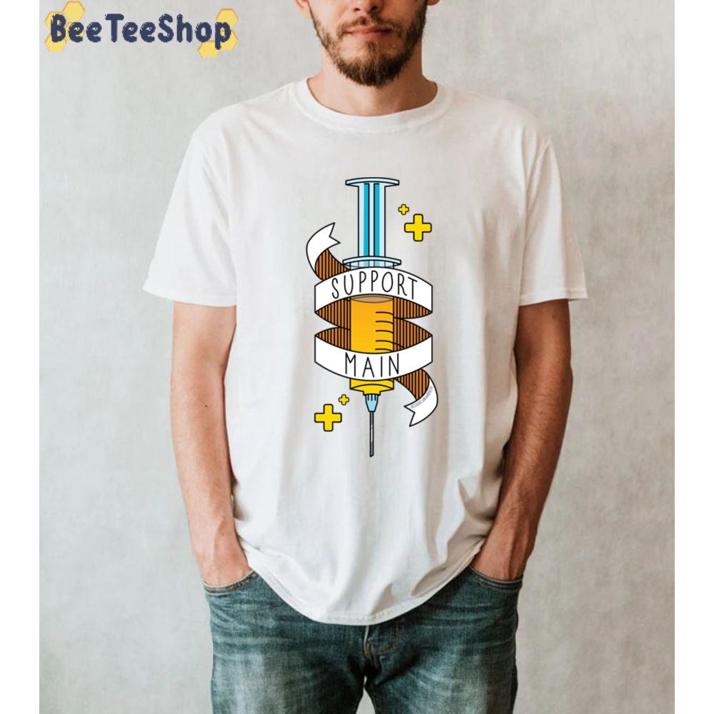 Support Main Gamer Art Fps Rpg Doctor Syringe And Banner Yellow Blue Game Unisex T-Shirt Support Main Gamer Art Fps Rpg Doctor Syringe And Banner Yellow Blue Game Unisex T-Shirt