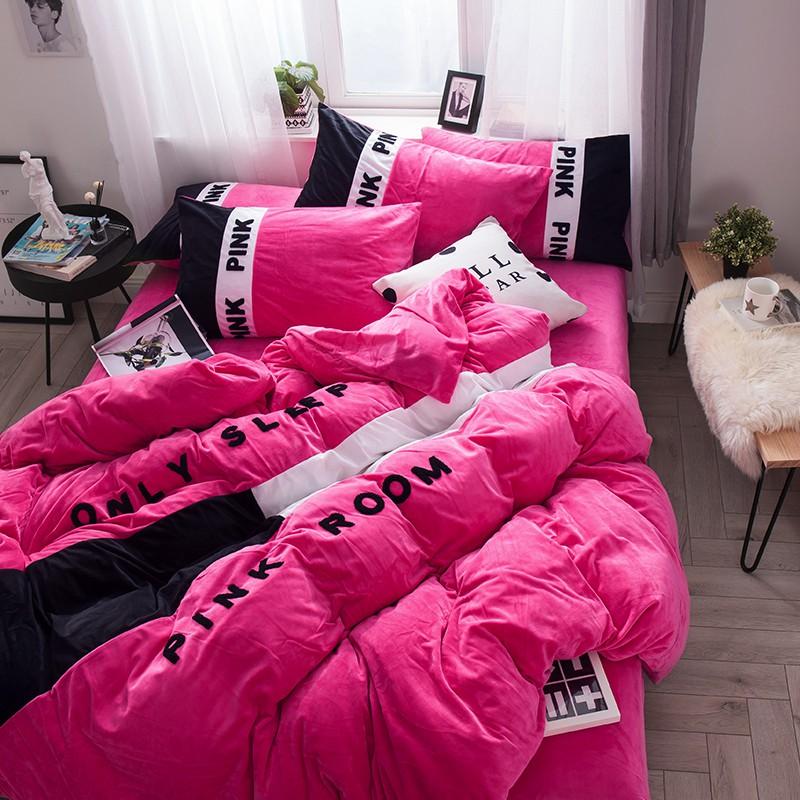 Victorias Secret Pink And Black Embroidery Flannel Bedding Set Victorias Secret Pink And Black Embroidery Flannel Bedding Set