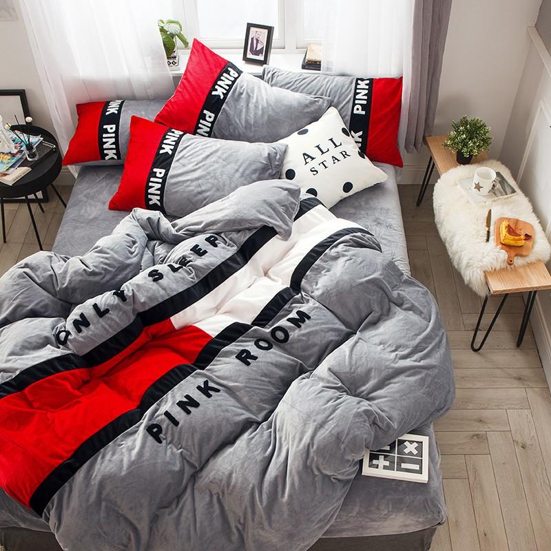 Victorias Secret Red And Grey Embroidery Flannel Bedding Set Victorias Secret Red And Grey Embroidery Flannel Bedding Set