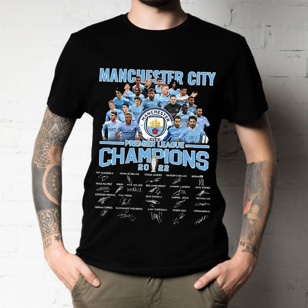 Manchester City Premier League Champions 2022 Signature Unisex T-Shirt Manchester City Premier League Champions 2022 Signature Unisex T-Shirt