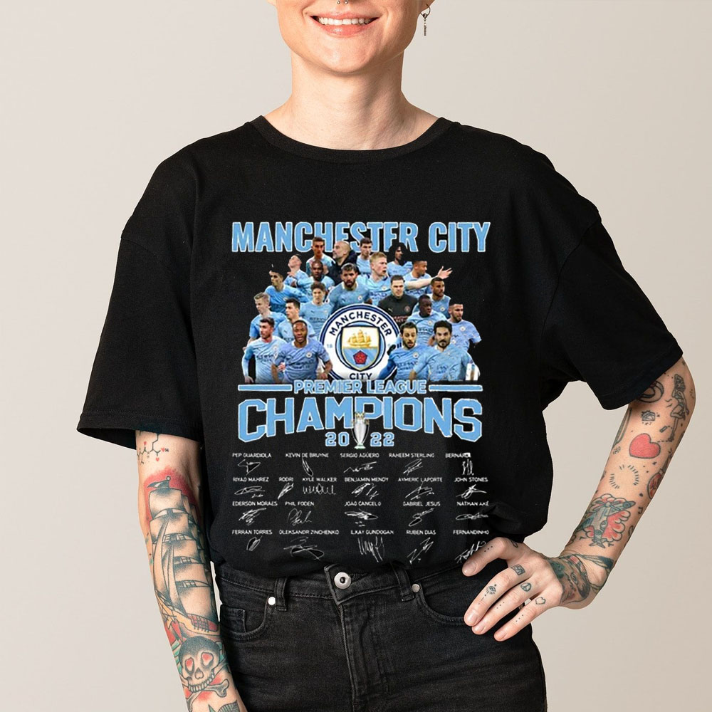 Manchester City Premier League Champions 2022 Signature Unisex T-Shirt Manchester City Premier League Champions 2022 Signature Unisex T-Shirt
