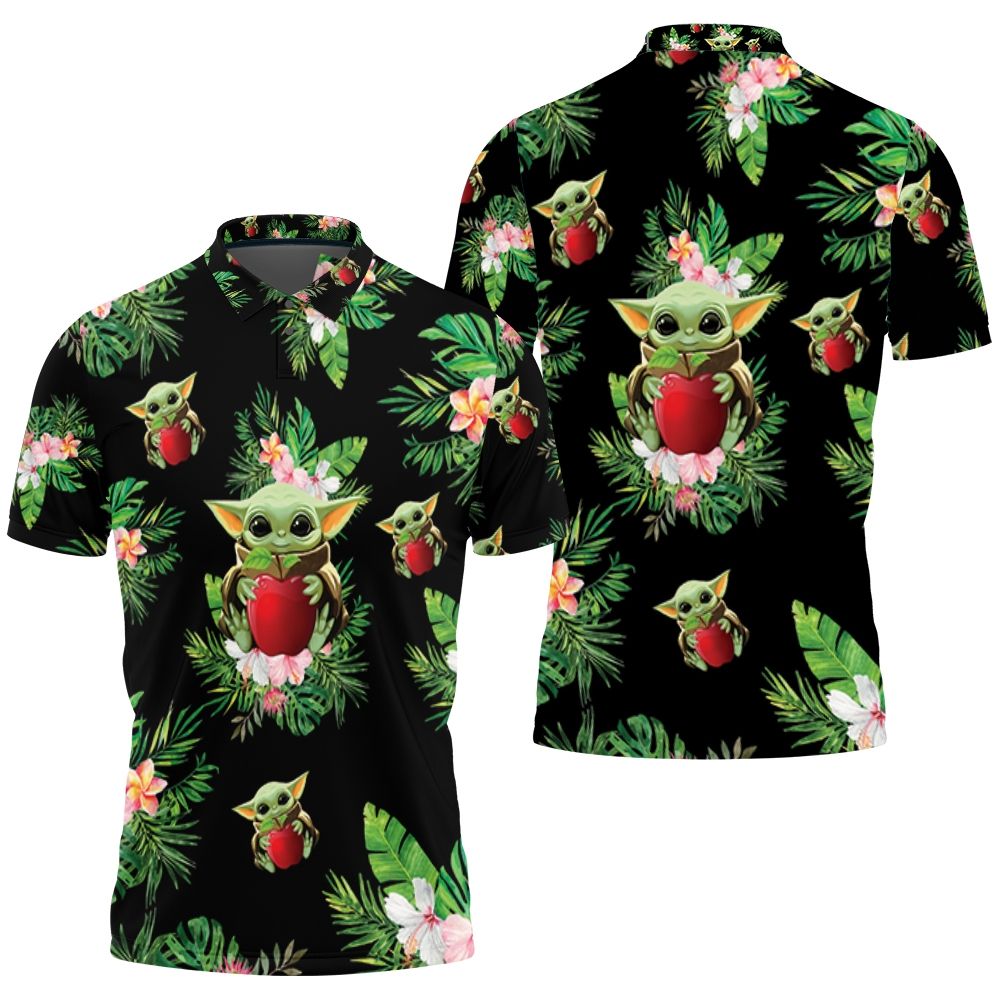 Baby Yoda Hugging Apples Seamless Tropical Green Leaves On Black Polo Shirt All Over Print Shirt 3d T-shirt Baby Yoda Hugging Apples Seamless Tropical Green Leaves On Black Polo Shirt All Over Print Shirt 3d T-shirt