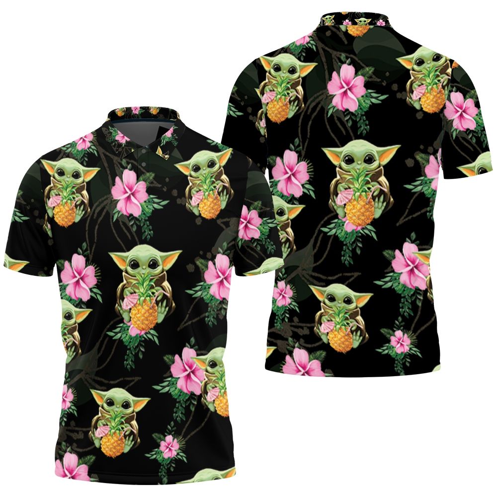 Baby Yoda Hugging Pineapples Seamless Tropical Colorful Flowers On Black Polo Shirt All Over Print Shirt 3d T-shirt Baby Yoda Hugging Pineapples Seamless Tropical Colorful Flowers On Black Polo Shirt All Over Print Shirt 3d T-shirt