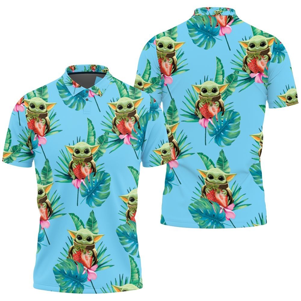 Baby Yoda Hugging Strawberries Seamless Tropical Green Leaves On Teal Polo Shirt All Over Print Shirt 3d T-shirt Baby Yoda Hugging Strawberries Seamless Tropical Green Leaves On Teal Polo Shirt All Over Print Shirt 3d T-shirt