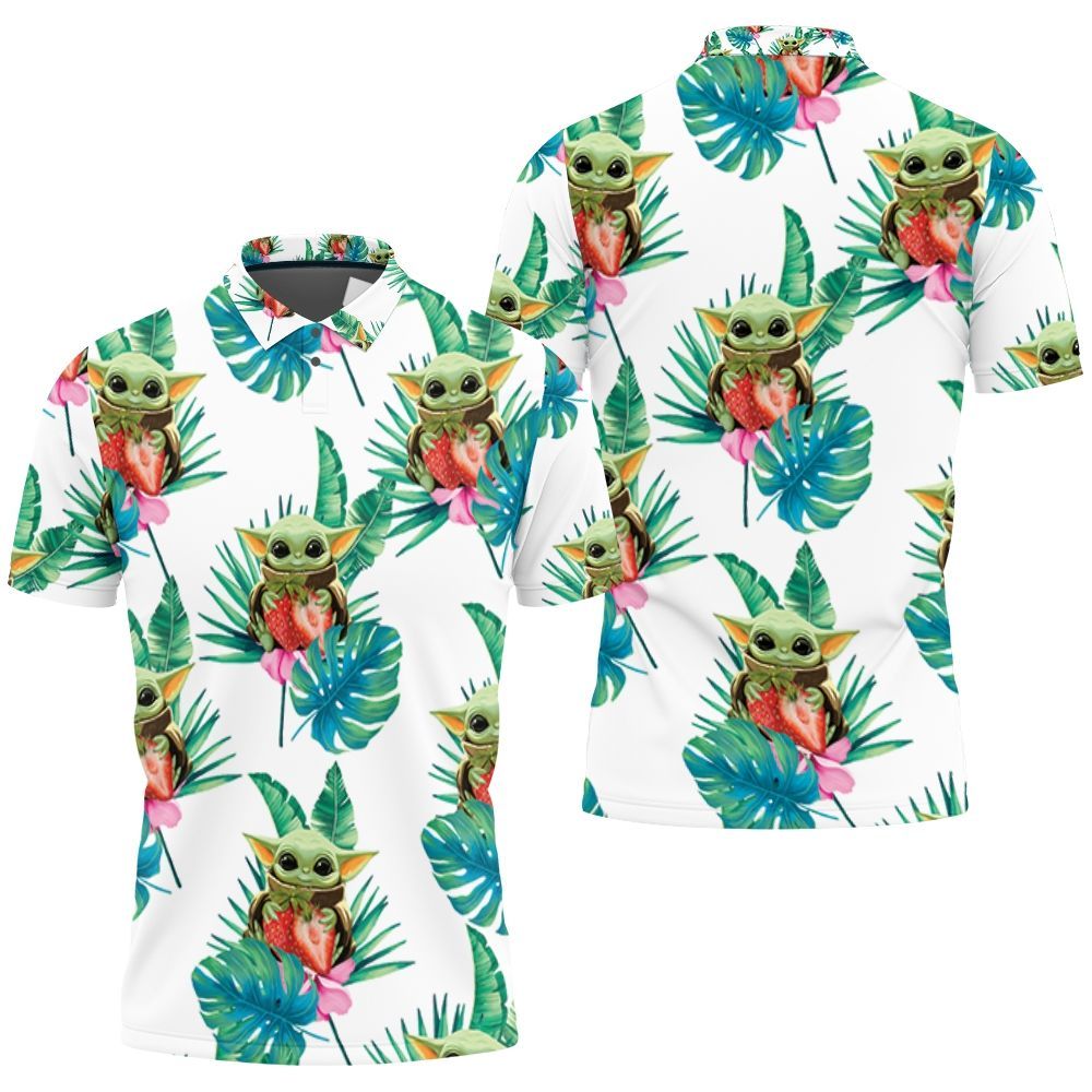 Baby Yoda Hugging Strawberries Seamless Tropical Green Leaves On White Polo Shirt All Over Print Shirt 3d T-shirt Baby Yoda Hugging Strawberries Seamless Tropical Green Leaves On White Polo Shirt All Over Print Shirt 3d T-shirt