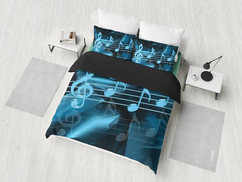 Blue Music Musical Notes Black Bedding Set Blue Music Musical Notes Black Bedding Set