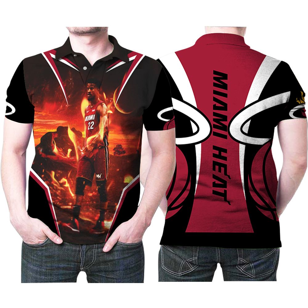 Miami Heat Jimmy Butler 22 Nba Great Player Basketball Team Logo Walk On Fire 3d Designed Allover Gift For Miami Fans Polo Shirt Miami Heat Jimmy Butler 22 Nba Great Player Basketball Team Logo Walk On Fire 3d Designed Allover Gift For Miami Fans Polo Shirt