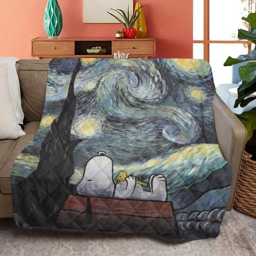 Snoopy Quiltblanket Gift For Fan, Snoopy Peanuts Woodstock Starry Night Quiltblanket Snoopy Quiltblanket Gift For Fan, Snoopy Peanuts Woodstock Starry Night Quiltblanket