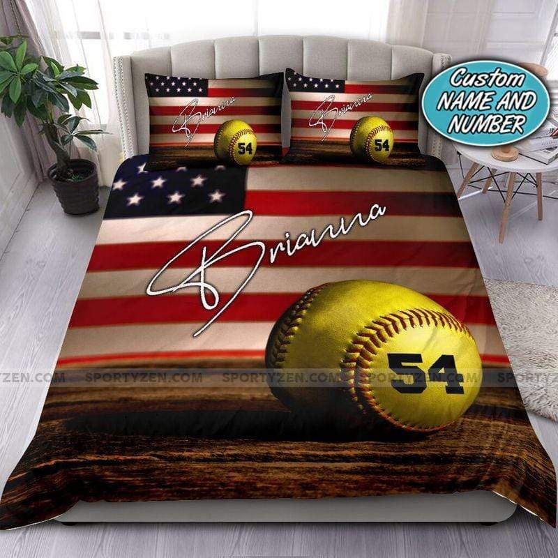 American Flag Softball Ball Custom Bedding Set With Your Name American Flag Softball Ball Custom Bedding Set With Your Name