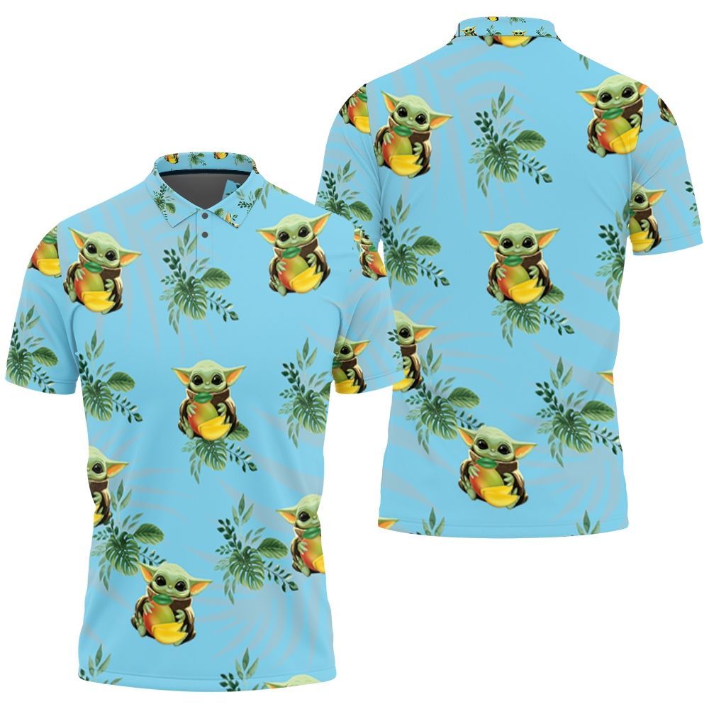 Baby Yoda Hugging Peaches Seamless Tropical Green Leaves On Teal Polo Shirt All Over Print Shirt 3d T-shirt Baby Yoda Hugging Peaches Seamless Tropical Green Leaves On Teal Polo Shirt All Over Print Shirt 3d T-shirt