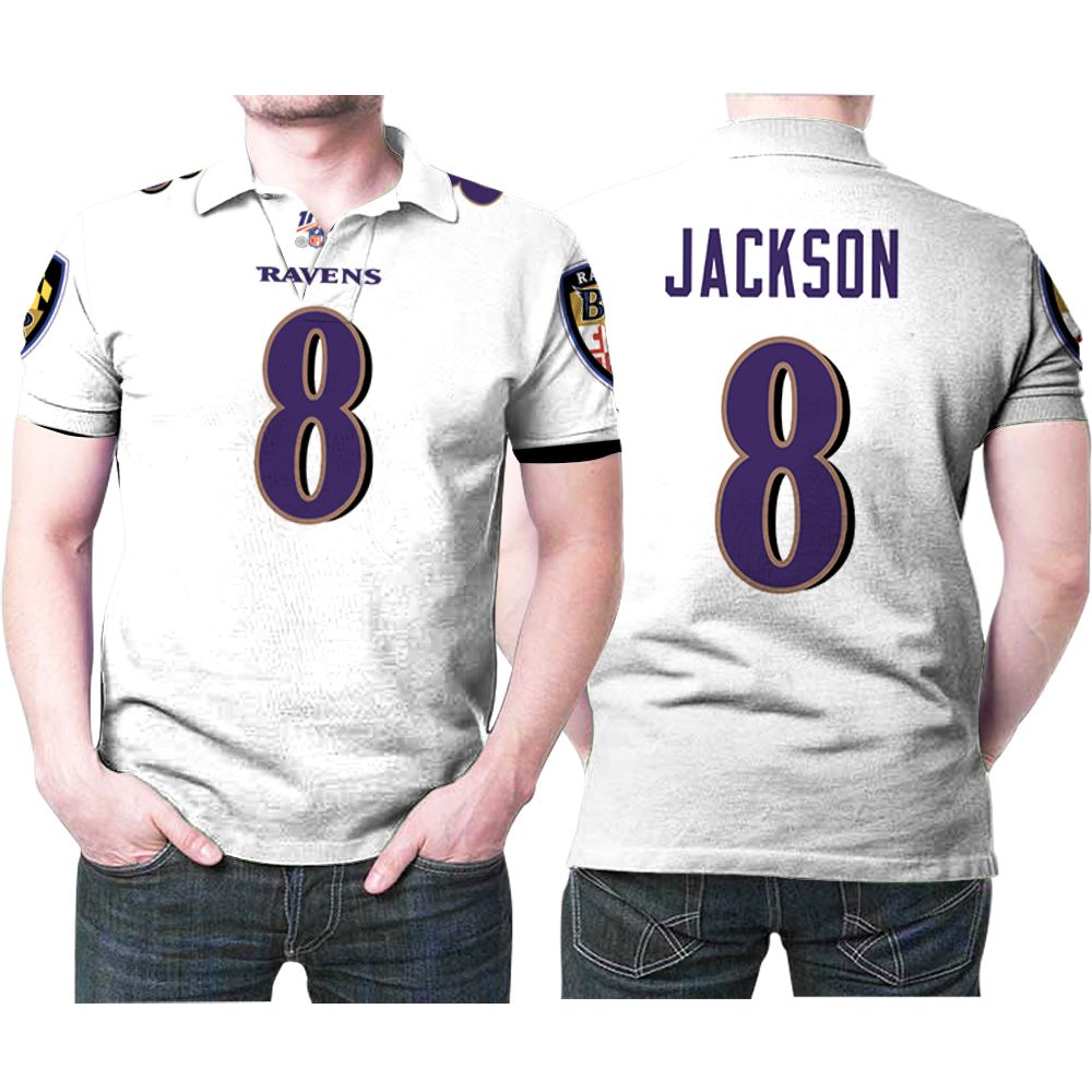 Baltimore Ravens Lamar Jackson #8 Nfl Great Player White 100th Season 3d Designed Allover Gift For Baltimore Fans Polo Shirt Baltimore Ravens Lamar Jackson #8 Nfl Great Player White 100th Season 3d Designed Allover Gift For Baltimore Fans Polo Shirt