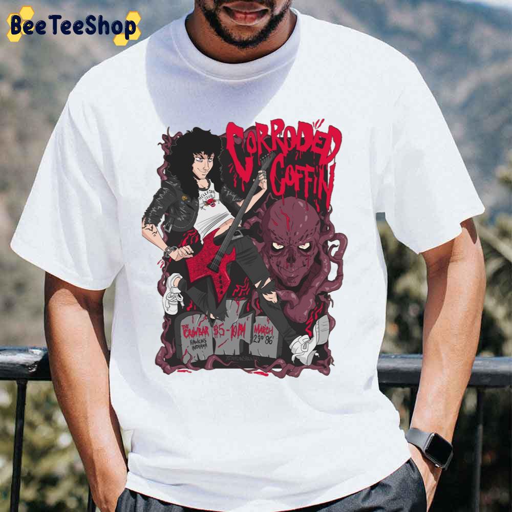 Art Eddie Munson Playing Guitar Corroded Coffin Stragner Things 4 Unisex T-Shirt Art Eddie Munson Playing Guitar Corroded Coffin Stragner Things 4 Unisex T-Shirt