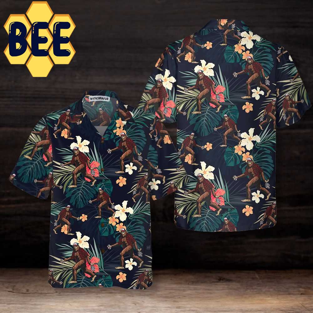 Bigfoot With Tropical Leaves Funny Halloween Hawaiian Shirt Bigfoot With Tropical Leaves Funny Halloween Hawaiian Shirt