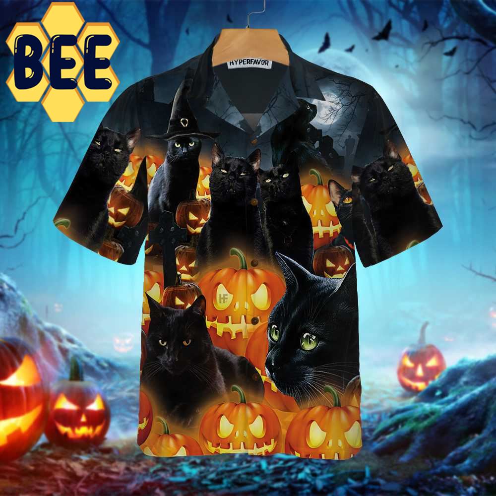 Black Cat & Pumpkin Halloween Hawaiian Shirt Black Cat & Pumpkin Halloween Hawaiian Shirt