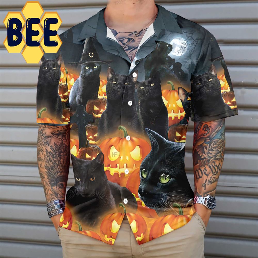 Black Cat & Pumpkin Halloween Hawaiian Shirt Black Cat & Pumpkin Halloween Hawaiian Shirt