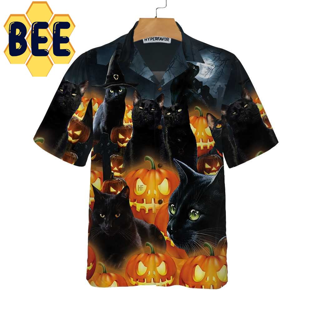 Black Cat & Pumpkin Halloween Hawaiian Shirt Black Cat & Pumpkin Halloween Hawaiian Shirt