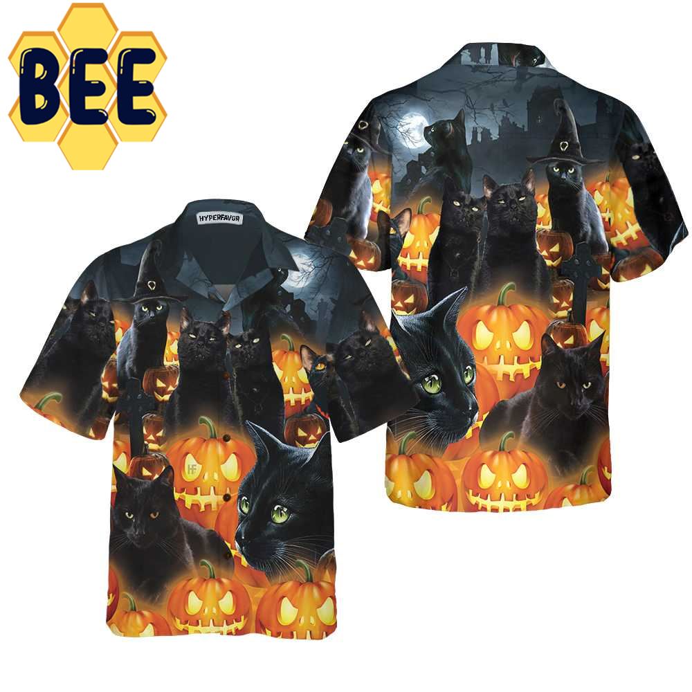 Black Cat & Pumpkin Halloween Hawaiian Shirt Black Cat & Pumpkin Halloween Hawaiian Shirt
