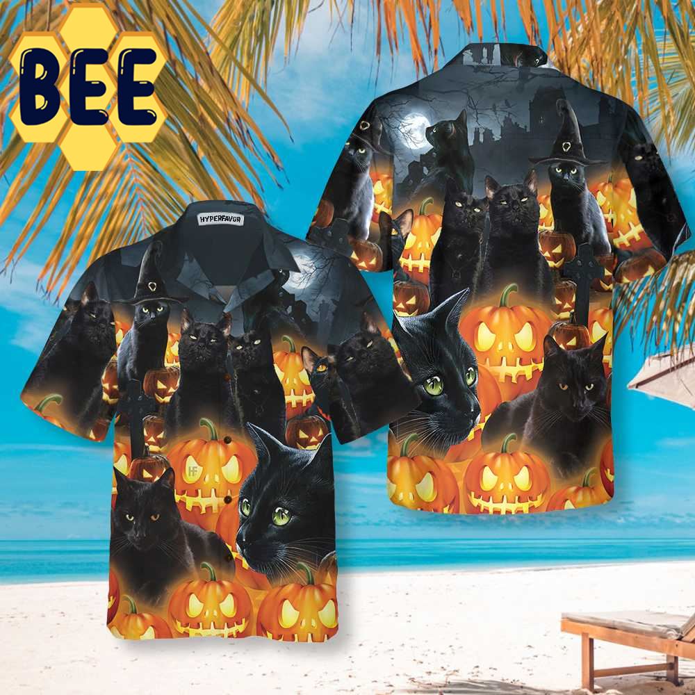 Black Cat & Pumpkin Halloween Hawaiian Shirt Black Cat & Pumpkin Halloween Hawaiian Shirt