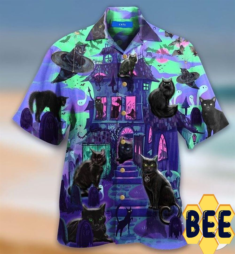Black Cats In A Haunted House Halloween Hawaiian Shirt Black Cats In A Haunted House Halloween Hawaiian Shirt
