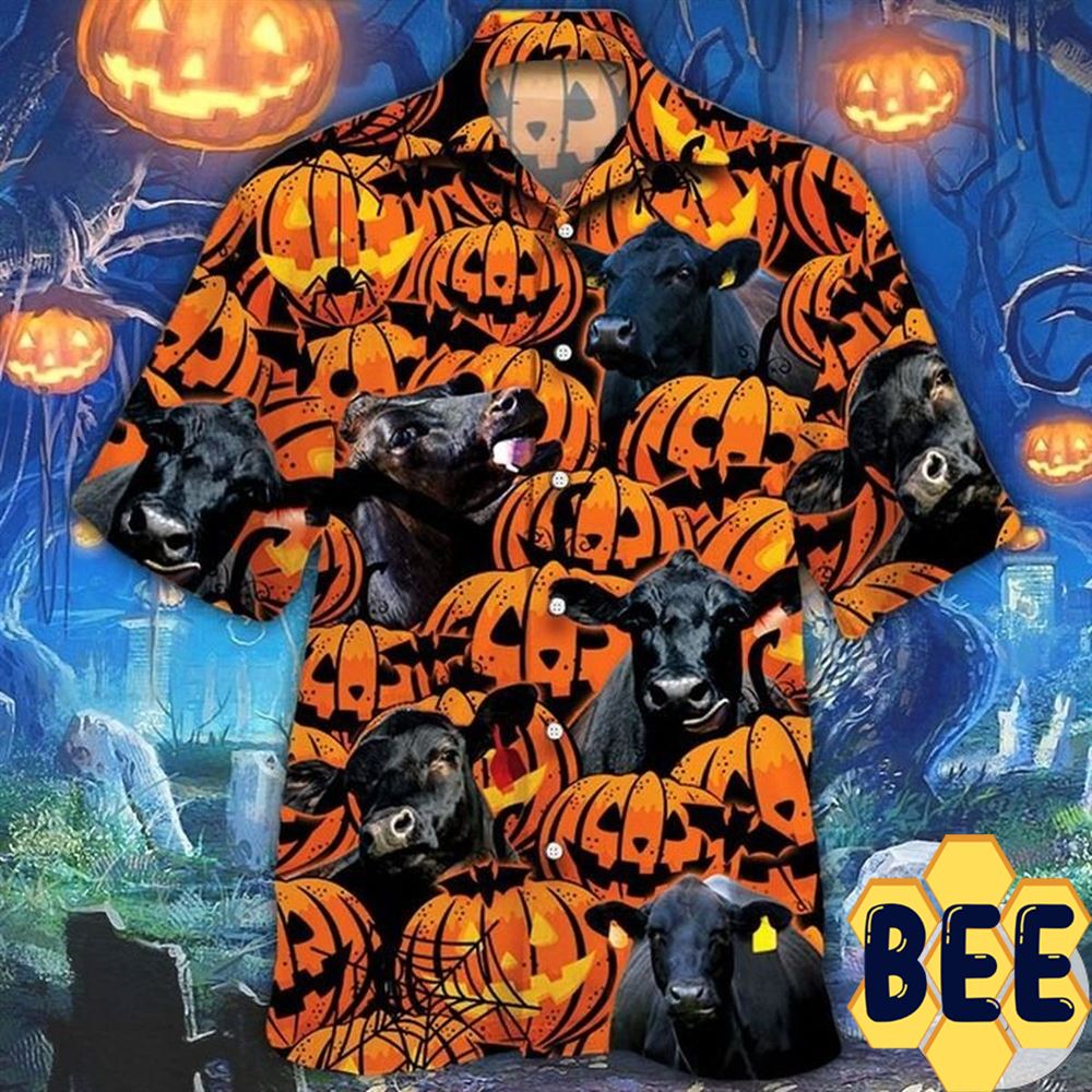 Farmer Black Angus Cattle Lovers And Pumpkins Halloween Hawaiian Shirt Farmer Black Angus Cattle Lovers And Pumpkins Halloween Hawaiian Shirt