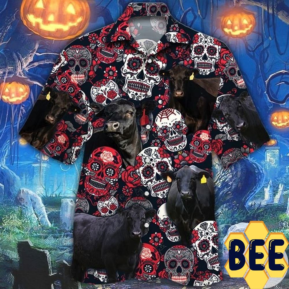 Farmer Black Angus Cattle Lovers And Sugar Skull Floral Halloween Hawaiian Shirt Farmer Black Angus Cattle Lovers And Sugar Skull Floral Halloween Hawaiian Shirt