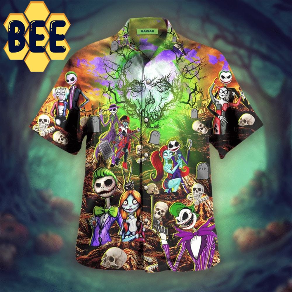 Joker Harley Quinn Jack Skellington Sally Halloween Hawaiian Shirt Joker Harley Quinn Jack Skellington Sally Halloween Hawaiian Shirt