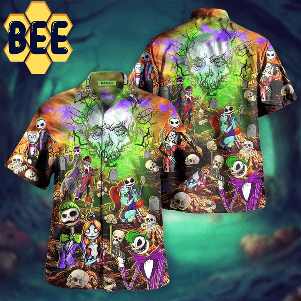 Joker Harley Quinn Jack Skellington Sally Halloween Hawaiian Shirt Joker Harley Quinn Jack Skellington Sally Halloween Hawaiian Shirt