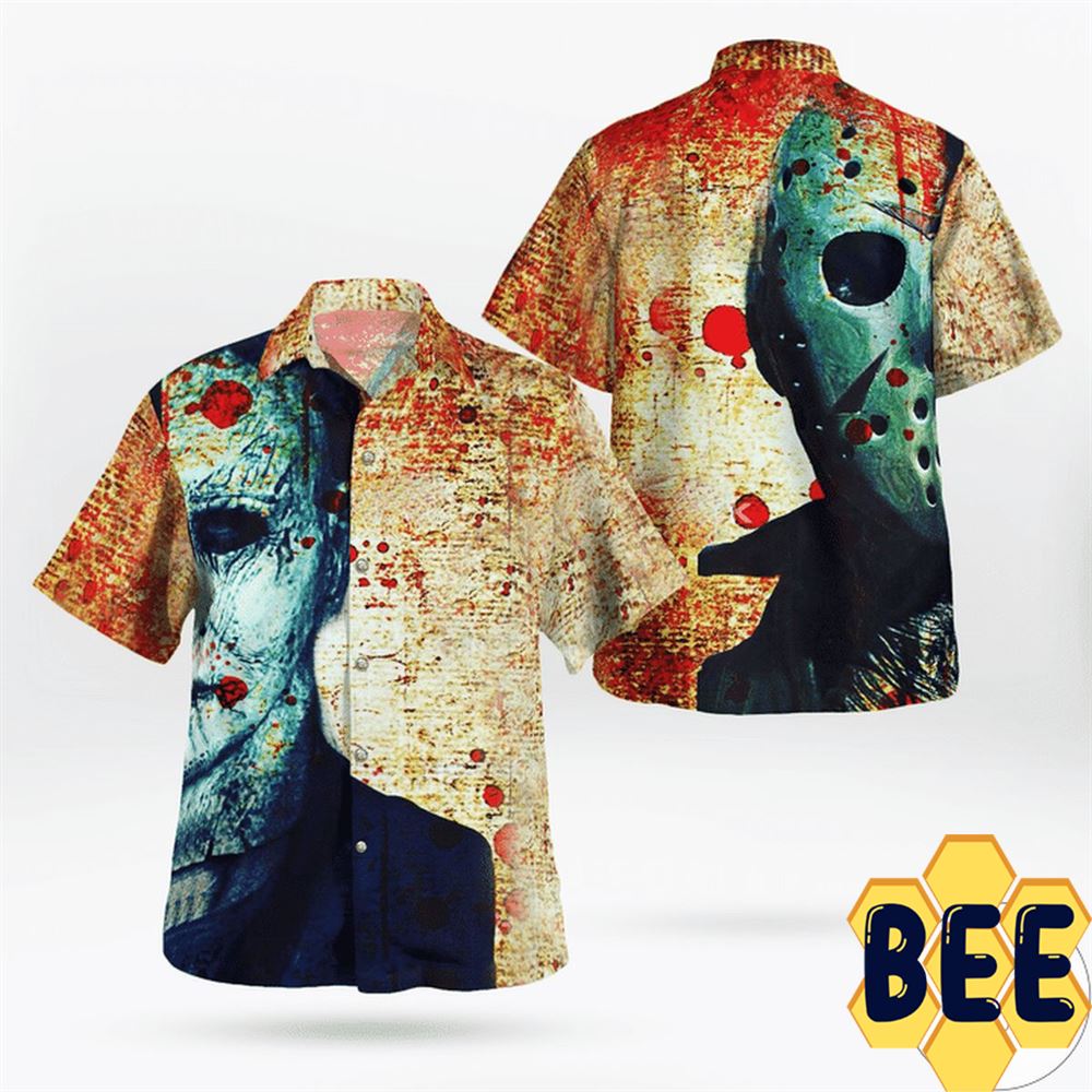 Michael Myers vs Jason Voorhees Face Halloween Hawaiian Shirt Michael Myers vs Jason Voorhees Face Halloween Hawaiian Shirt
