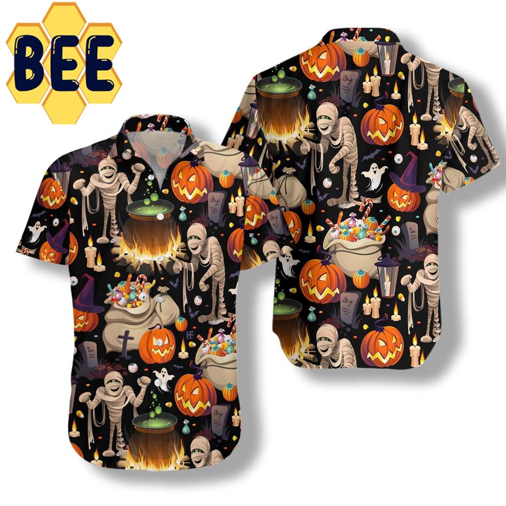 Mummy And Bags Of Sweets Halloween Hawaiian Shirt Mummy And Bags Of Sweets Halloween Hawaiian Shirt