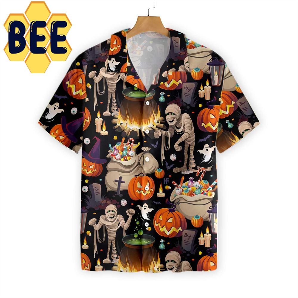 Mummy And Bags Of Sweets Halloween Hawaiian Shirt Mummy And Bags Of Sweets Halloween Hawaiian Shirt