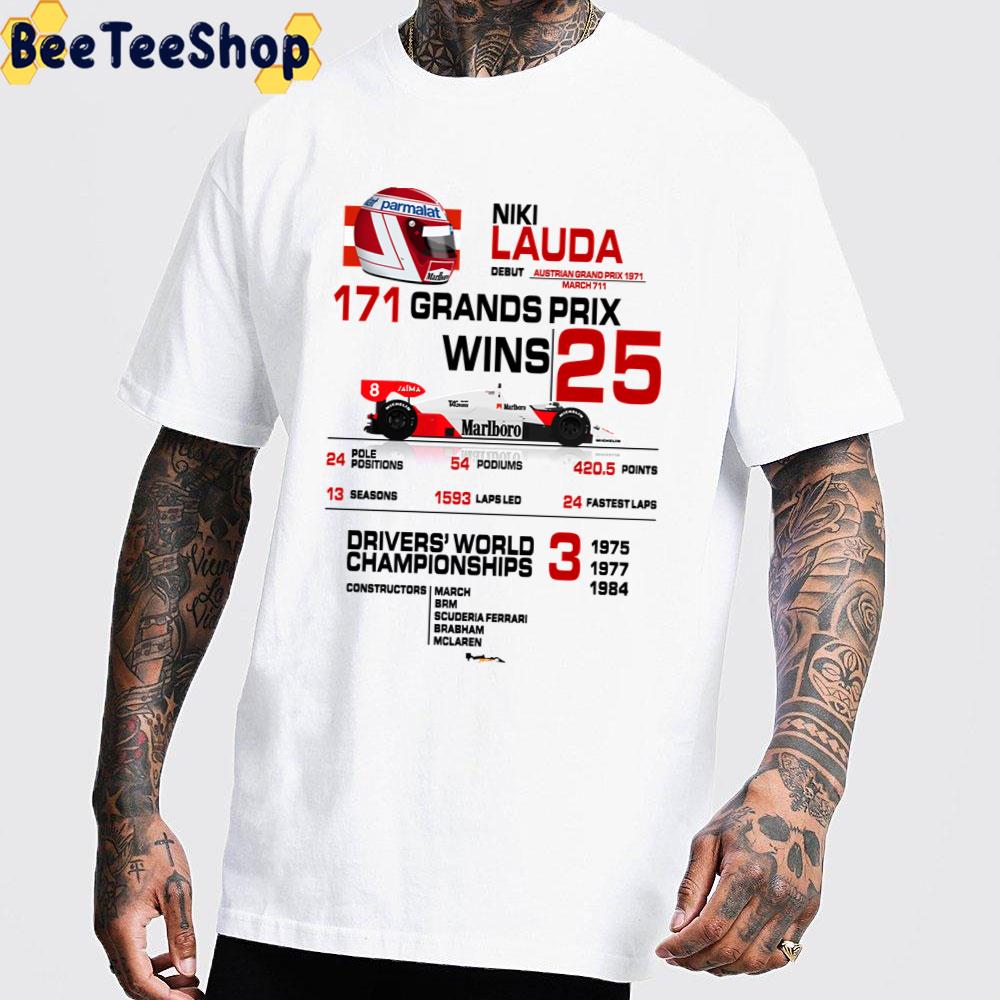 Niki Lauda F1 Stats With Car And Helmet Design 1984 Unisex T-Shirt Niki Lauda F1 Stats With Car And Helmet Design 1984 Unisex T-Shirt