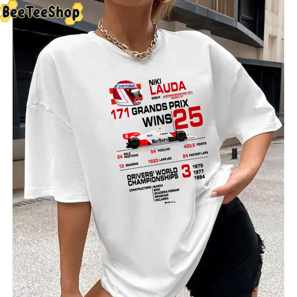 Niki Lauda F1 Stats With Car And Helmet Design 1984 Unisex T-Shirt Niki Lauda F1 Stats With Car And Helmet Design 1984 Unisex T-Shirt