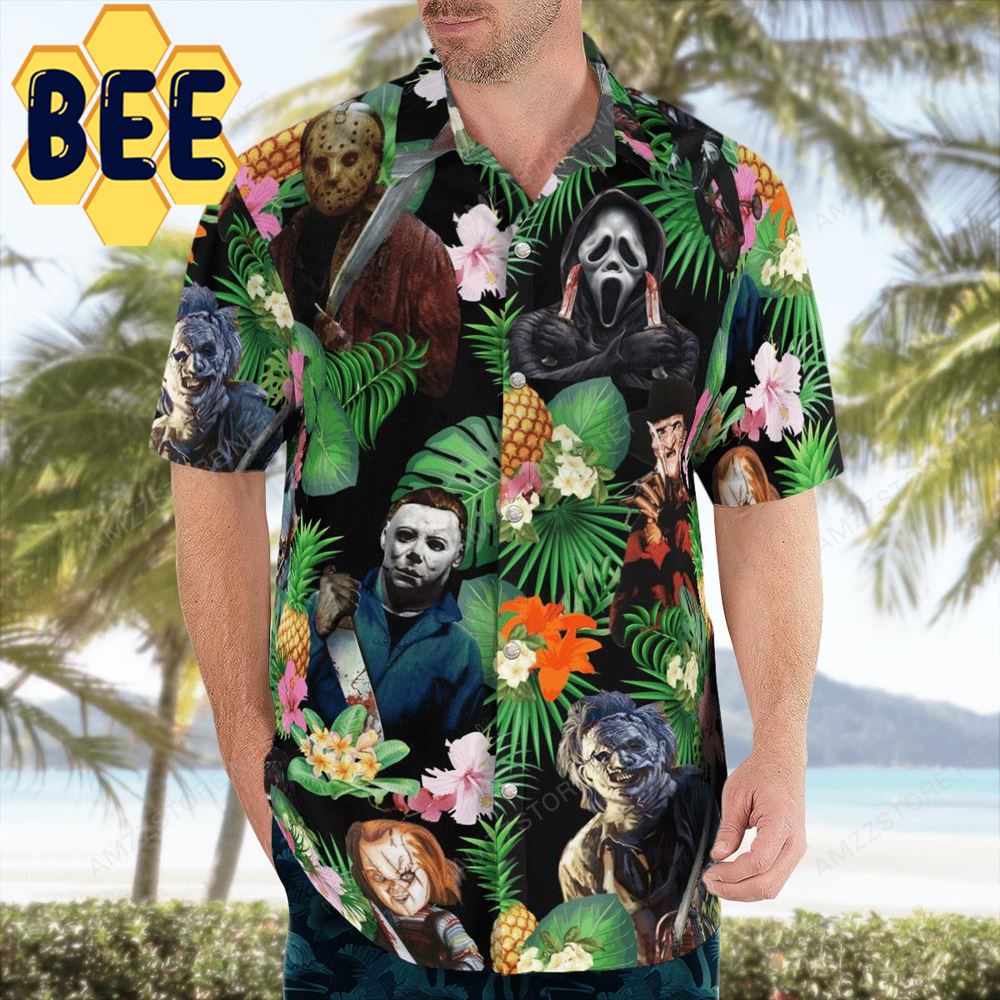 Pinepapple Tropical Floral Horror Characters Halloween Hawaiian Shirt Pinepapple Tropical Floral Horror Characters Halloween Hawaiian Shirt