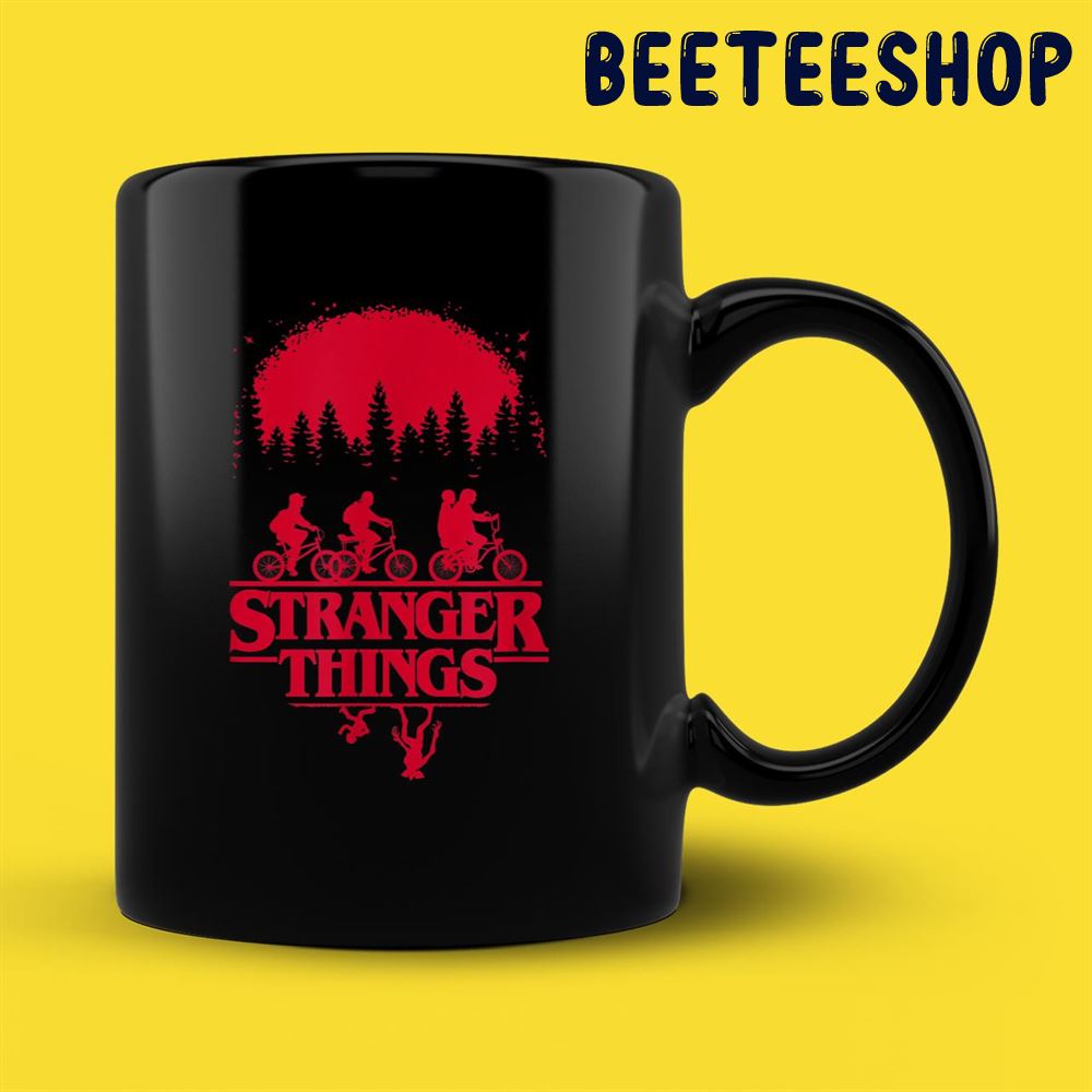 Stranger Things Group Shot Bike Ride Upside Down Silhouette Mug Stranger Things Group Shot Bike Ride Upside Down Silhouette Mug