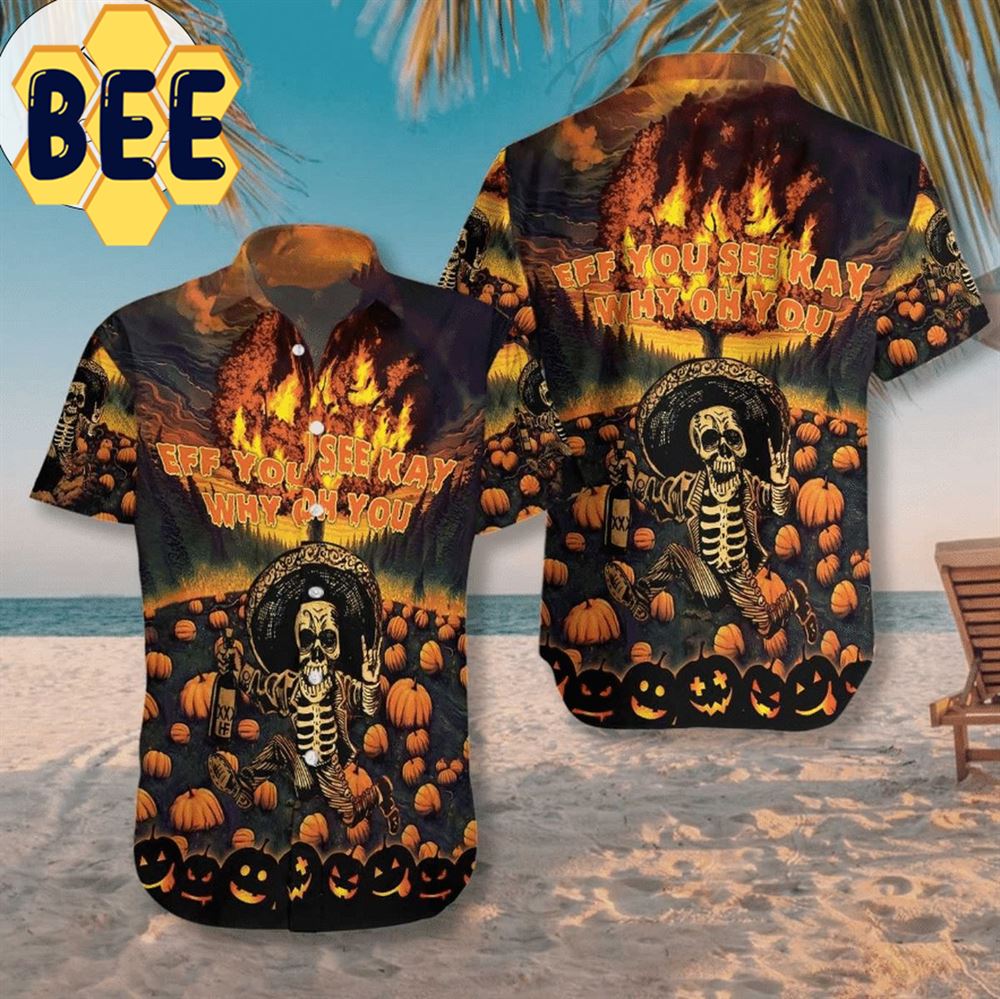 The Burning Pumpkin Sky And Skeleton Halloween Hawaiian Shirt The Burning Pumpkin Sky And Skeleton Halloween Hawaiian Shirt