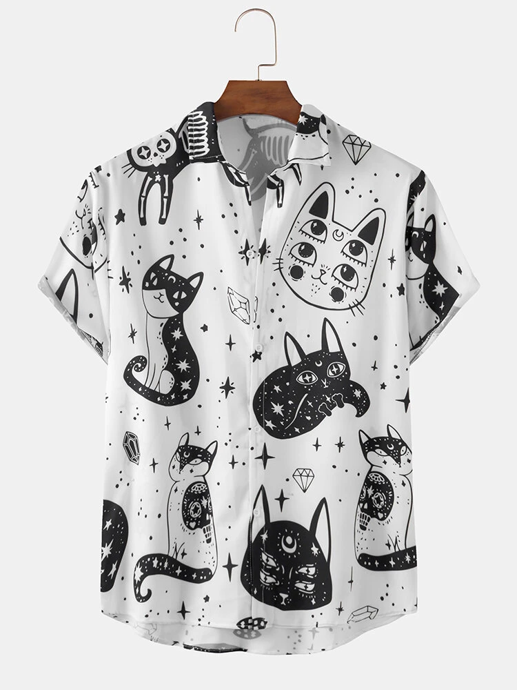White Cartoon Cat Print Hawaiian Shirt For Halloween White Cartoon Cat Print Hawaiian Shirt For Halloween