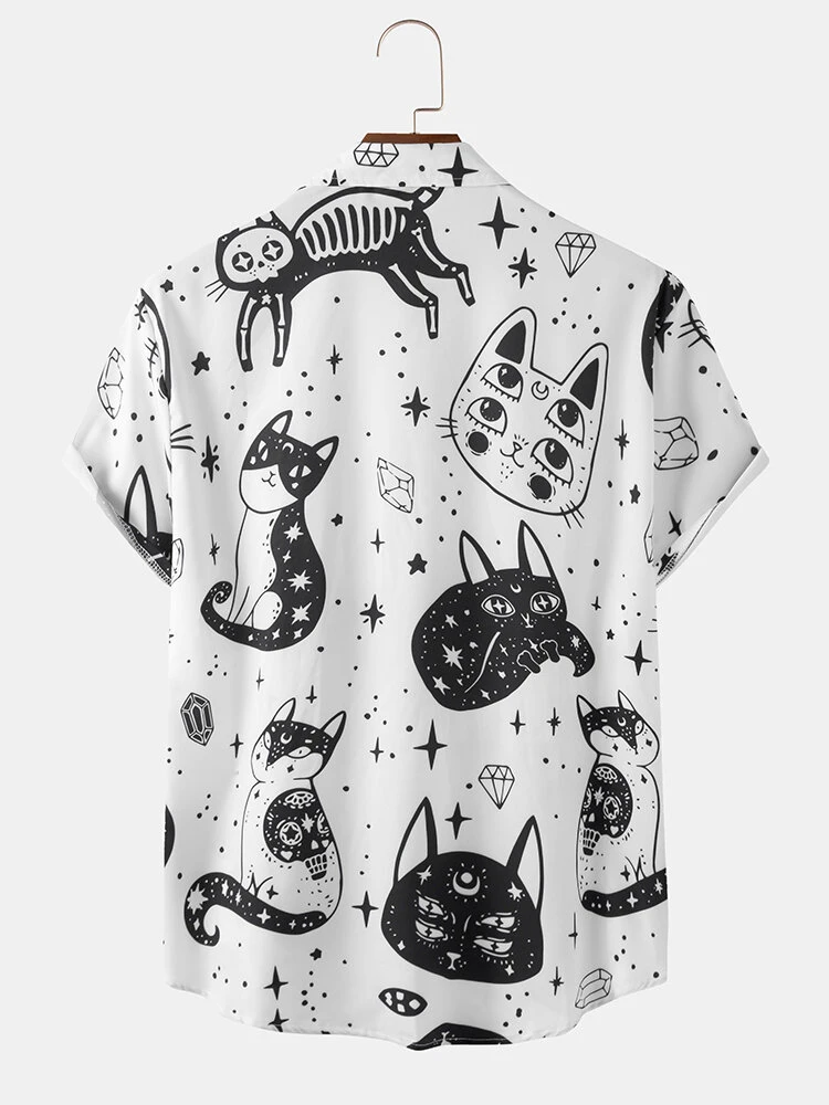 White Cartoon Cat Print Hawaiian Shirt For Halloween White Cartoon Cat Print Hawaiian Shirt For Halloween