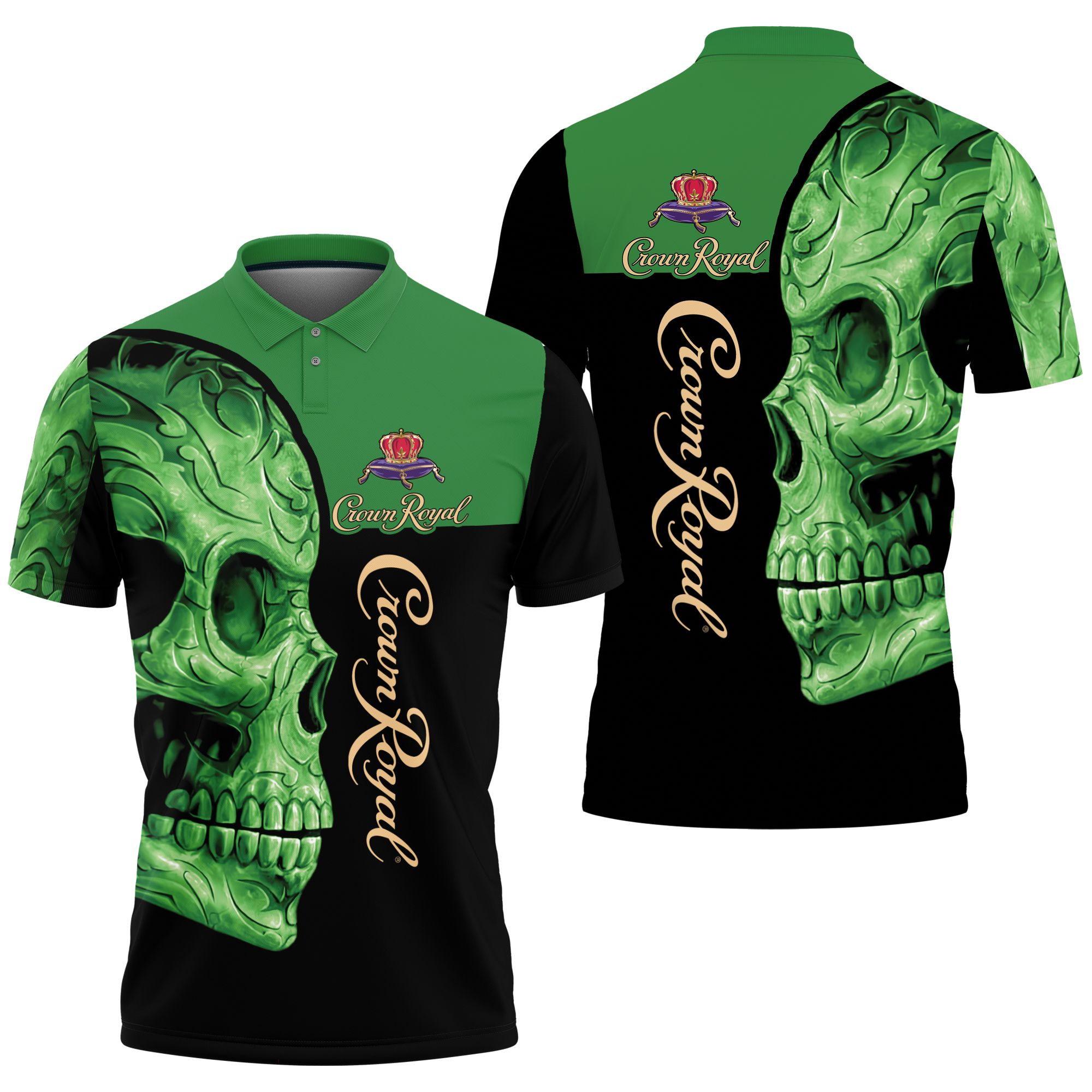Art Sugar Skull Crown Royal Green Flower Pattern 3D All Over Print Polo Shirt Art Sugar Skull Crown Royal Green Flower Pattern 3D All Over Print Polo Shirt