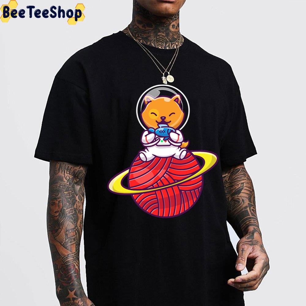Cute Cat Astronaut Sitting On Planet With Fish Unisex T-Shirt Cute Cat Astronaut Sitting On Planet With Fish Unisex T-Shirt