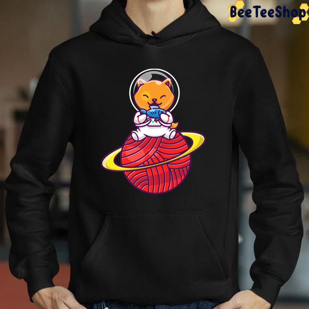 Cute Cat Astronaut Sitting On Planet With Fish Unisex T-Shirt Cute Cat Astronaut Sitting On Planet With Fish Unisex T-Shirt