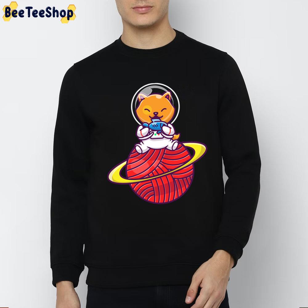 Cute Cat Astronaut Sitting On Planet With Fish Unisex T-Shirt Cute Cat Astronaut Sitting On Planet With Fish Unisex T-Shirt