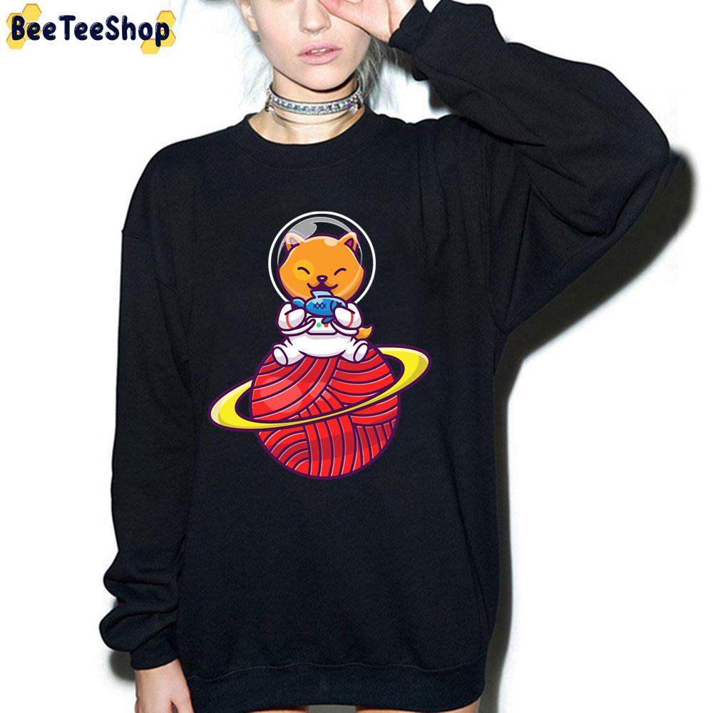 Cute Cat Astronaut Sitting On Planet With Fish Unisex T-Shirt Cute Cat Astronaut Sitting On Planet With Fish Unisex T-Shirt